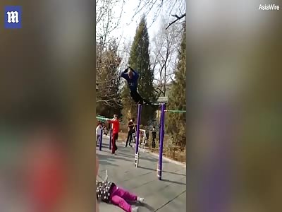 Pensioner swinging by his feet accidentally knocks little girl over