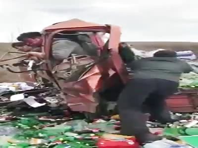 caged in by what's left of a truck