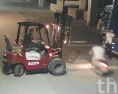 Biker Clotheslined  by Forklift