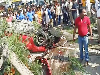 out of control car flying over bridge hitting the ground after match