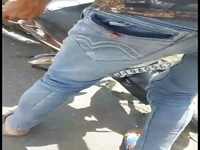 Skull amashed in the asphalt 