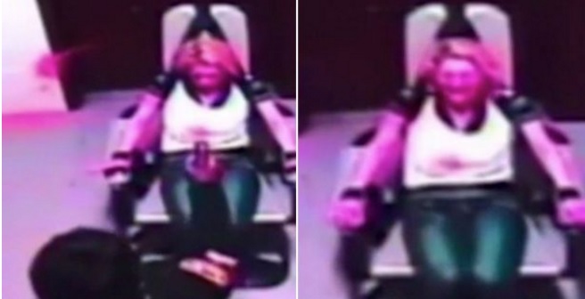 Psycho Woman Tied Up in Prison Chair is Pepper Sprayed in the Face Anyways 