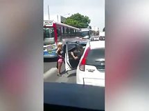 Petite Blonde in Short Shorts Attacks Burley man in Road Rage Meltdown