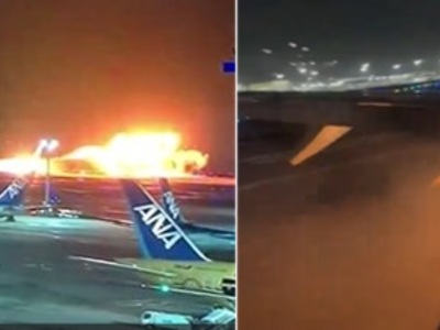 RAW VIDEO: Japan Airline Runway Crash (w/Aftermath and Video from Inside the Plane)