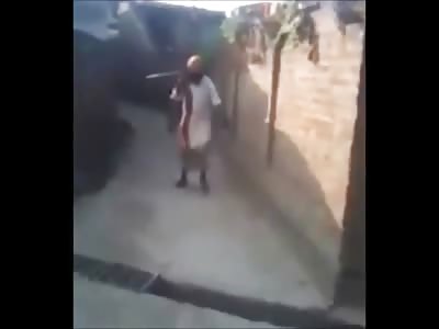 Man in Total Panic Doesn't know What to Do after Having a Hoe Stuck Through is Shoulder