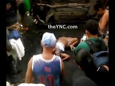 Barefoot and Pregnant Woman has Car Lifted off of Her after Bad Accident 