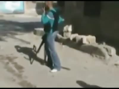 Bald Rebel with Huge Machine Gun Has Life Ended by Perfect Head Shot