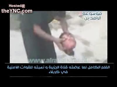 Man holds up the Head of a Boy while a Soldier kicks Him