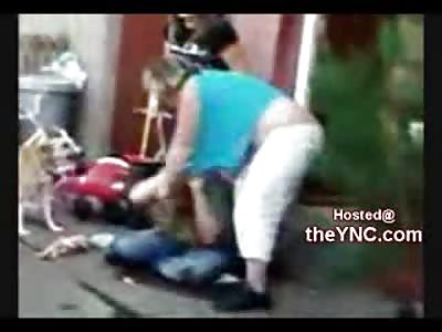 Trashy Mom Beating her Daughter gets a Bottle over her Head from the Boyfriend