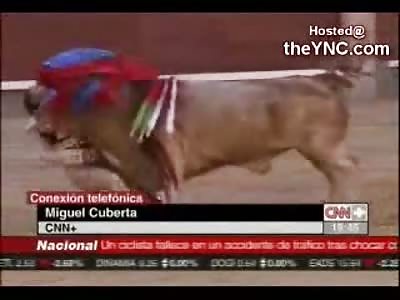 Bulfighter Impaled through the Neck in Bullfight