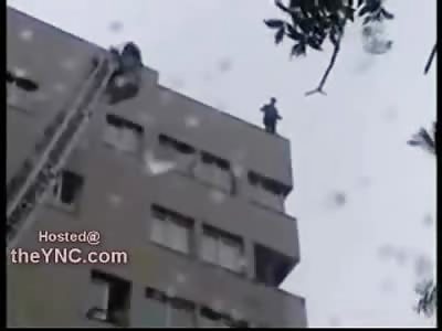 SUICIDE Jump: (Includes Landing) Timid Man leaps from Tall Building hits Canvas of Air Pillow and Dies on Impact