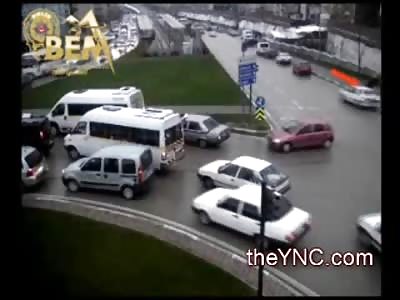 Woman in a Burqa and a Goofball Crossing the Road do Spectacular Flips when Hit by a Car (2 Different Accients)