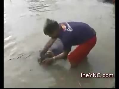 Man with a Great Head of Hair taken out of the Water