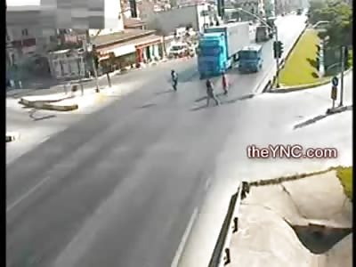 In a Hurry? Kids Running across Strett dont see a Big Green Bus