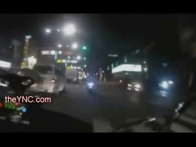 Spectacualr First Person View of Morotcyclist getting Trampled, Run Over by a Car