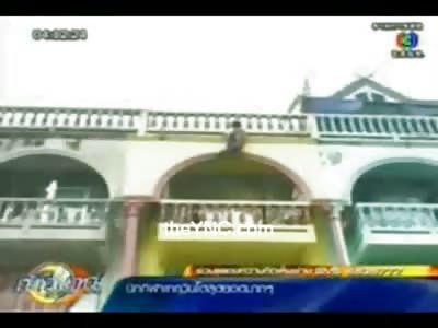 Suicidal Man leaps through a Glass Overhand and makes a Mess (Watch Slow Motion)