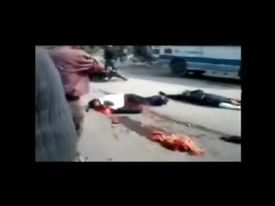 Business Man holding his Briefcase has Stomach Ripped out on the Street, Other Man Headless