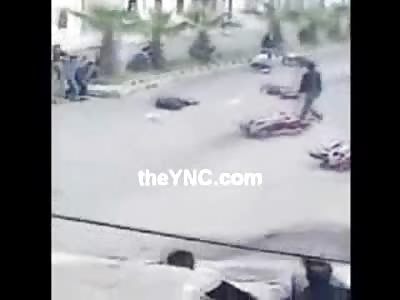 Machine Gun Fire clears out a Crowd VERY Fast Killing a Few, Pro-Assad in Syria Crowd