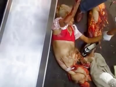 Disgusting Video of an Elderly Woman in a Pink Bra Ripped in Half