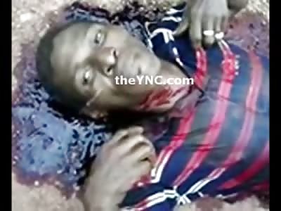 Man who Slit his Own Throat still trying to Breathe (Knife shown at End of Video)