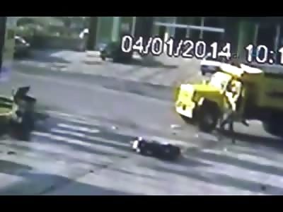 Motorcyclist Flies Away after Collision with Truck