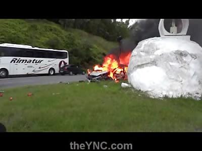 Victim still Sitting in his Car as it Burns on the Highway after Fatal Collision 