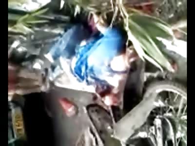 Crushed Between a Truck and the Guard Rail this Biker Makes for Some Horrific Gore (w/Truck Being Removed)