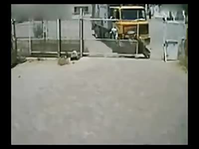 Man Opening Gate for Garbage Trucks Leaves his Legs out there a Little Too Far 