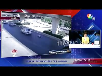 Man Falls From Bridge and Then is Run Over by Freeway Traffic (Great Quality Slowmo and Closeup)