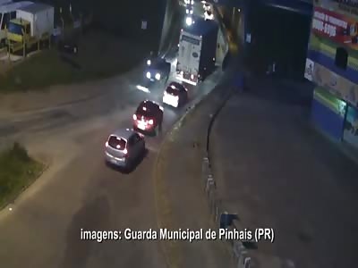 Just a truck driving with a Dead Motorcyclist through his Windshield