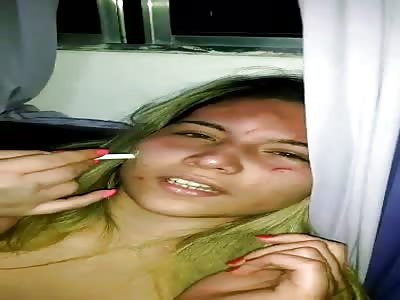 Beautiful blonde woman being tortured by angry