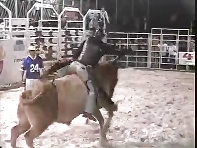 Fat Guy in Yellow Shirt Sent to Fly by a Bull with Festive Music 