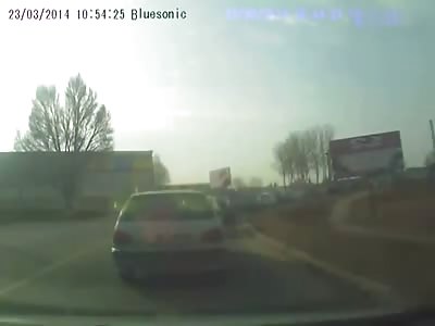 Drunk scooter guy crashes into car.