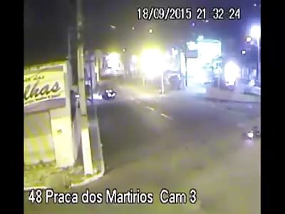  Motorcycle being hit by a robbery suspects' car during a high-speed chase in (2 Angle)  