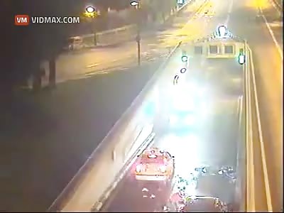 Motorcyclist running from Police crashes head on with a Taxi, keeps running.